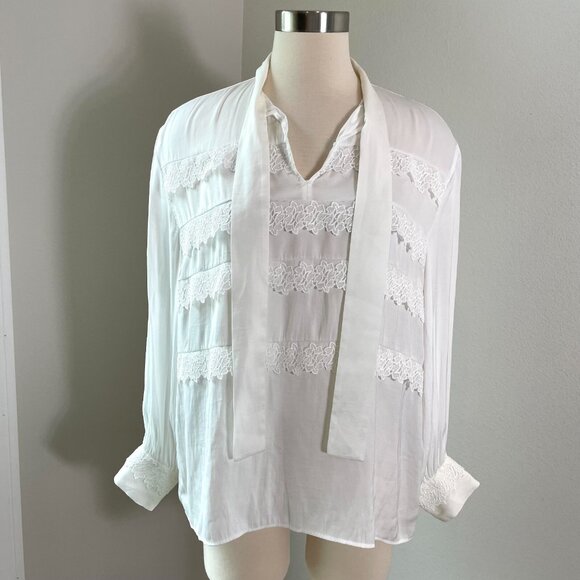 Maje 3 Womens Large Ivory Ruffle Blouse Tie Neck Long Sleeve Shirt Top - Picture 1 of 12